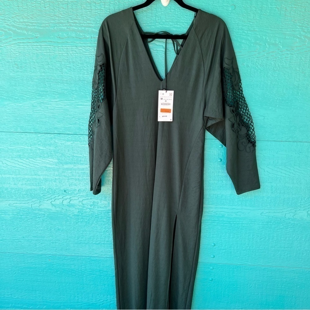 ZARA OPEN CROCHET LACE LONG SLEEVE VAMP MAXI DRESS FOREST GREEN MEDIUM NWT - Picture 15 of 16